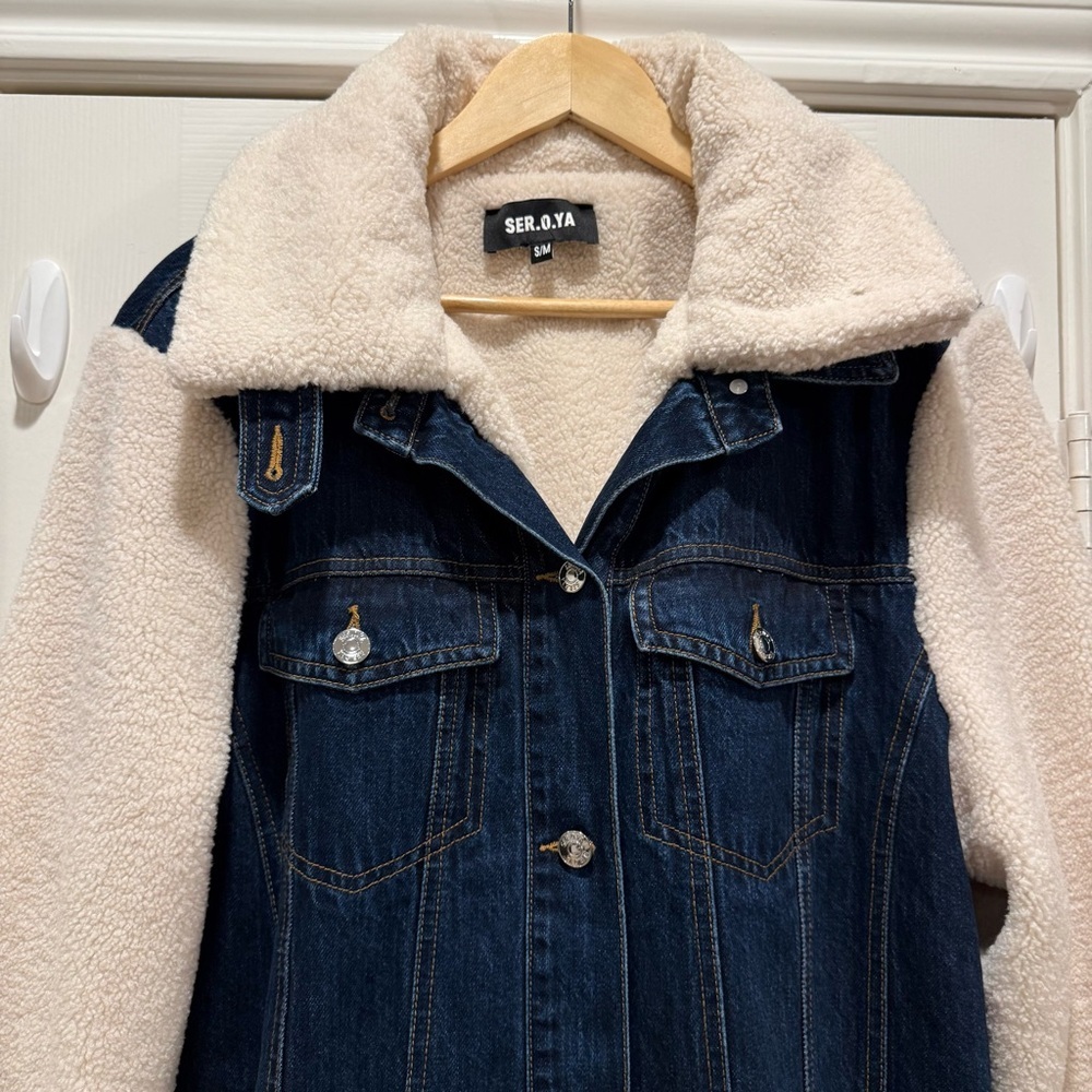 Seroya Mink Teddy Denim Jacket Women’s S/M Belted Winter Lined Oversized Jean - Picture 4 of 11